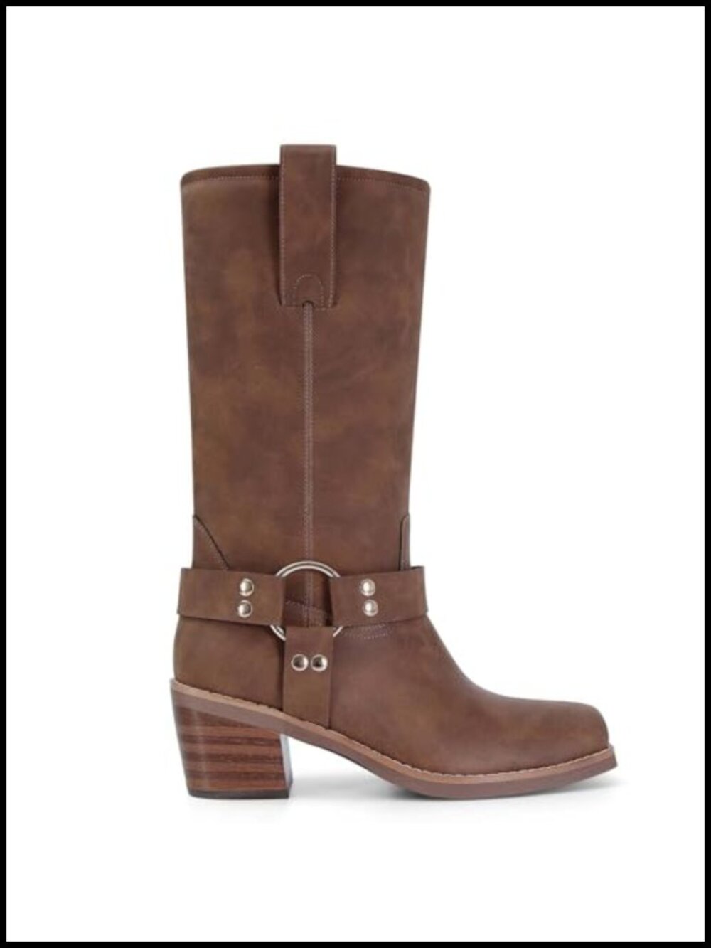 Faux Leather Mid Calf Boots Square Toe Chunky Block Heel Slouch Riding Boots